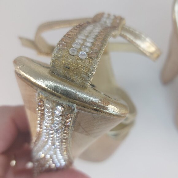 bebe Gold Strappy Rhinestone Platform Heels Size US 6 - Picture 13 of 16